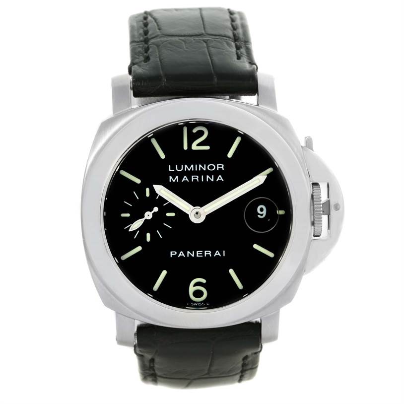 This image shows a front view of a Panerai Luminor PAM00048 Men's Stainless Steel Black Dial PAM00048 Men's Stainless Steel Black Dial Marina watch, displaying the dial, hands, and leather strap.