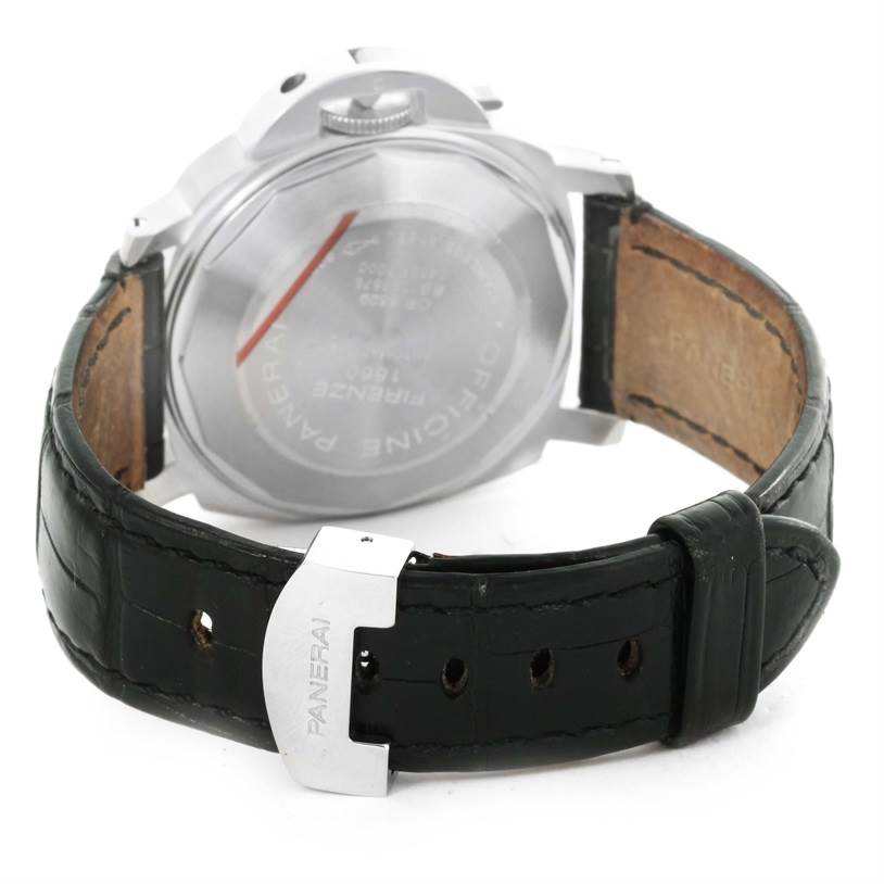 This image shows the back view of a Panerai Luminor PAM00048 Men's Stainless Steel Black Dial PAM00048 Men's Stainless Steel Black Dial watch, highlighting the case back and leather strap with the Panerai buckle.