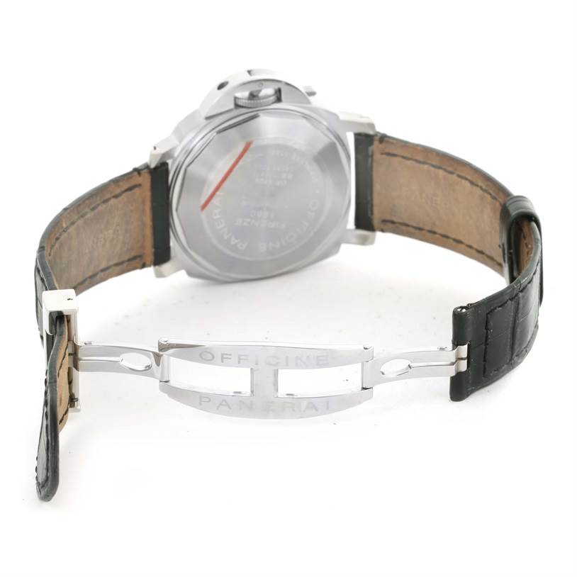 The image shows the rear view of a Panerai Luminor PAM00048 Men's Stainless Steel Black Dial PAM00048 Men's Stainless Steel Black Dial watch, including its case back, leather strap, and "OFFICINE PANERAI" clasp.