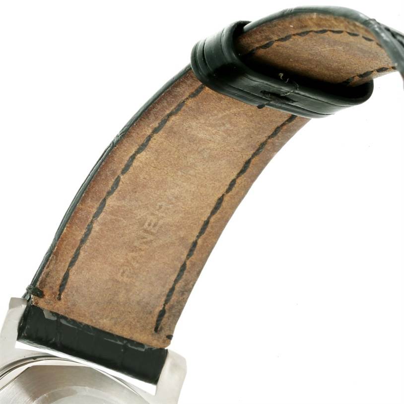 The image shows a close-up of the leather strap and back case of a Panerai Luminor PAM00048 Men's Stainless Steel Black Dial PAM00048 Men's Stainless Steel Black Dial watch.
