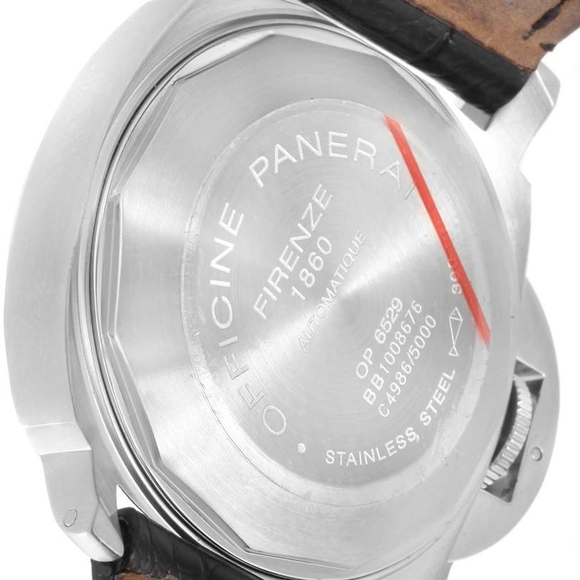 This image shows the back case and part of the strap of a Panerai Luminor PAM00048 Men's Stainless Steel Black Dial PAM00048 Men's Stainless Steel Black Dial watch.