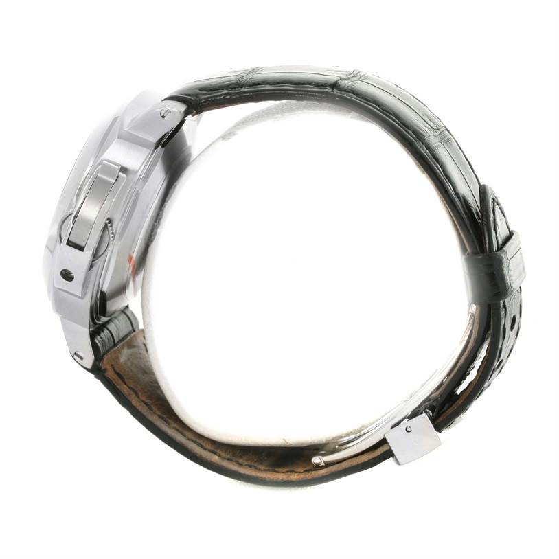 This side view of a Panerai Luminor PAM00048 Men's Stainless Steel Black Dial PAM00048 Men's Stainless Steel Black Dial watch showcases its case, strap, and crown guard.