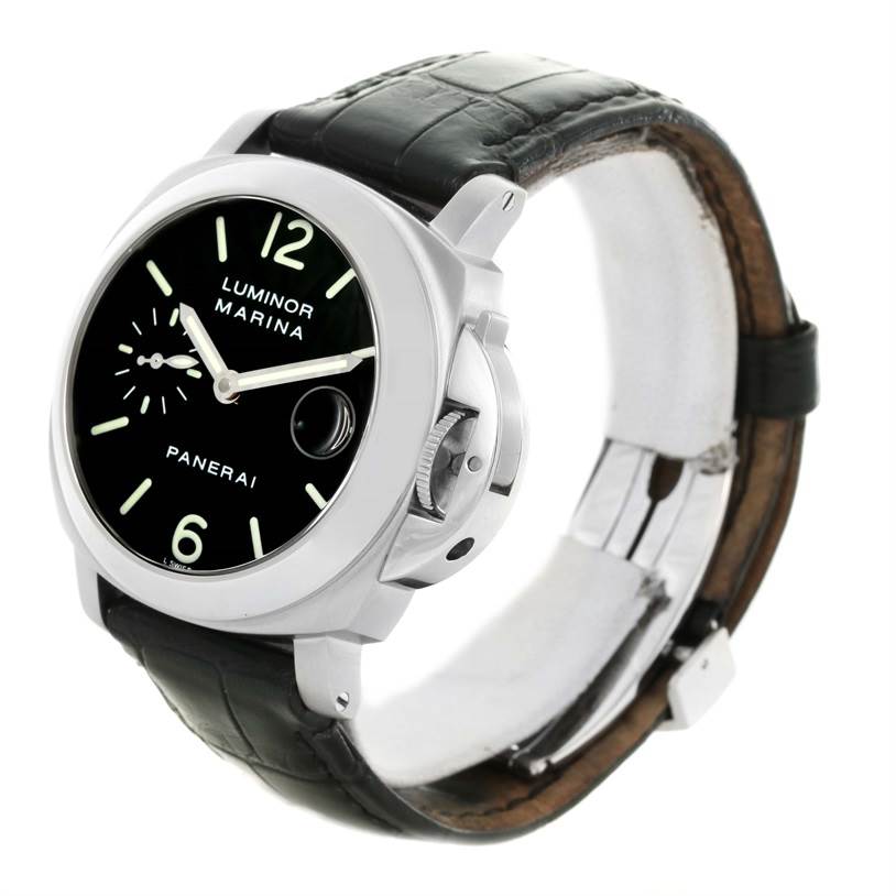 The image shows a side-angle view of a Panerai Luminor PAM00048 Men's Stainless Steel Black Dial PAM00048 Men's Stainless Steel Black Dial Marina watch, highlighting its black dial, luminous markers, and black leather strap.