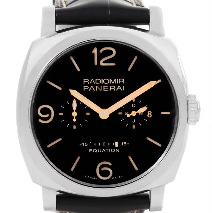 The image shows a front view of a Panerai Radiomir PAM00516 Men
s Stainless Steel Black Dial PAM00516 Men
s Stainless Steel Black Dial watch, displaying the dial, hands, crown, and part of the strap.