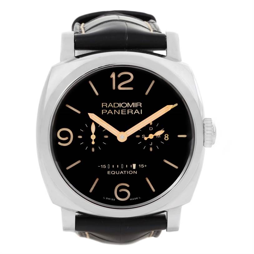 This image shows a front view of a Panerai Radiomir PAM00516 Men
s Stainless Steel Black Dial PAM00516 Men
s Stainless Steel Black Dial watch, highlighting the dial, hands, and crown.