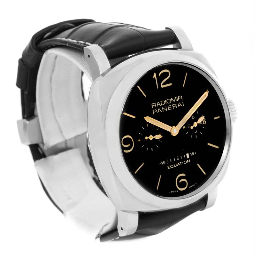 This image shows a Panerai Radiomir PAM00516 Men
s Stainless Steel Black Dial PAM00516 Men
s Stainless Steel Black Dial watch at a front-angle view, highlighting the face, strap, case, and crown.