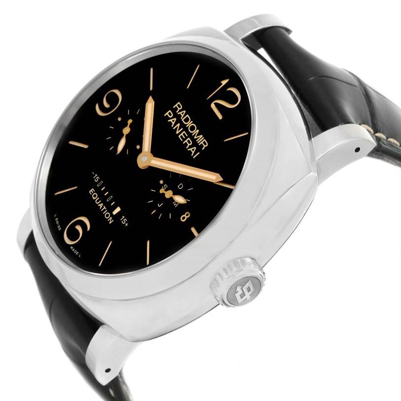 The image shows a Panerai Radiomir PAM00516 Men
s Stainless Steel Black Dial PAM00516 Men
s Stainless Steel Black Dial watch at an angled view highlighting the dial, case, crown, and part of the leather strap.