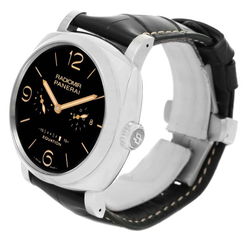 The Panerai Radiomir PAM00516 Men
s Stainless Steel Black Dial PAM00516 Men
s Stainless Steel Black Dial watch is shown at a three-quarter angle, displaying its face, crown, lugs, and strap.