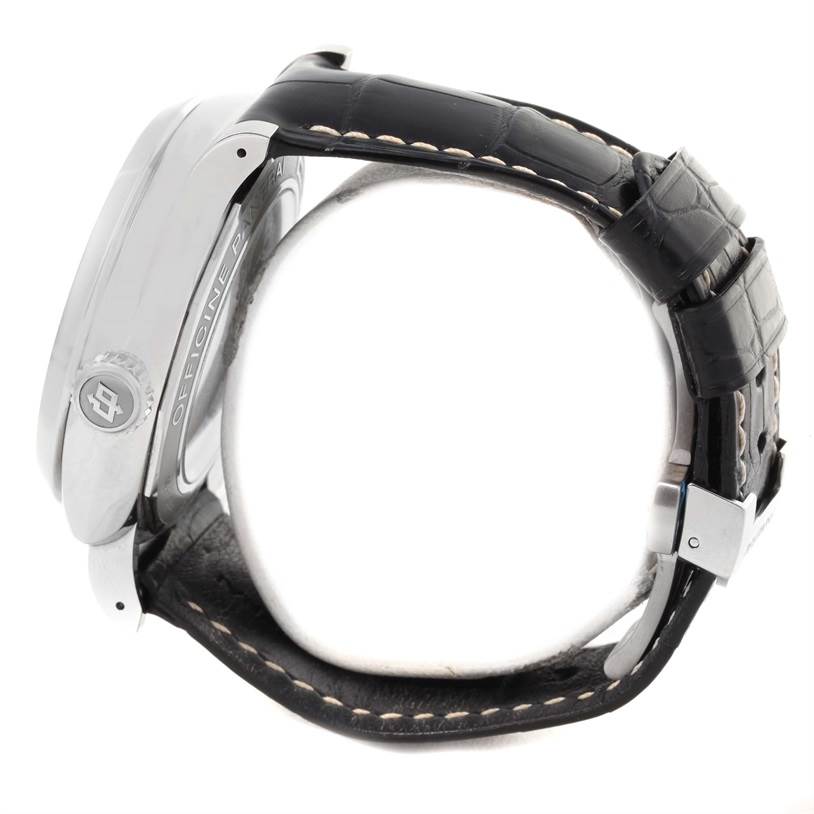 The image shows a side angle of the Panerai Radiomir PAM00516 Men
s Stainless Steel Black Dial PAM00516 Men
s Stainless Steel Black Dial watch, highlighting the case, crown, and black leather strap.