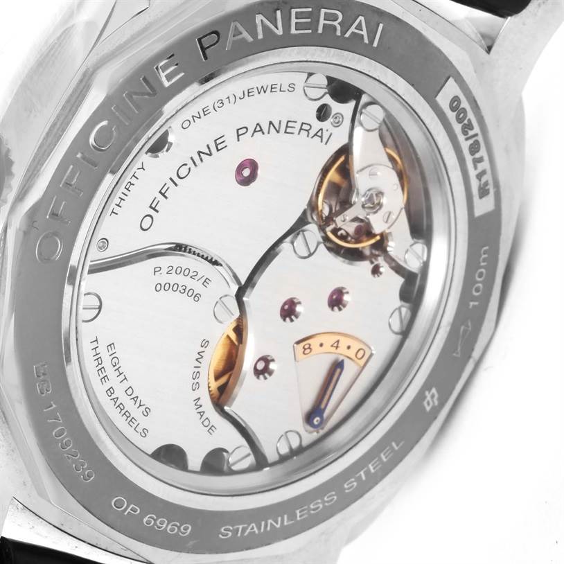 This image shows the back view of a Panerai Radiomir PAM00516 Men
s Stainless Steel Black Dial PAM00516 Men
s Stainless Steel Black Dial watch, highlighting the movement and inner workings.