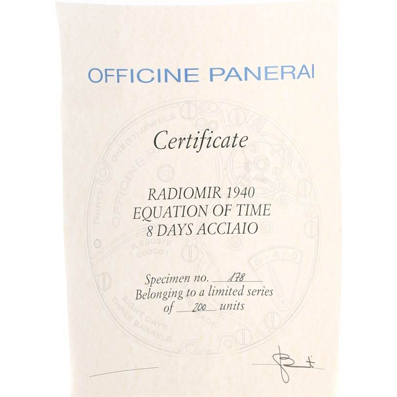 The image shows a certificate for a Panerai Radiomir PAM00516 Men
s Stainless Steel Black Dial PAM00516 Men
s Stainless Steel Black Dial 1940 Equation of Time 8 Days Acciaio watch.