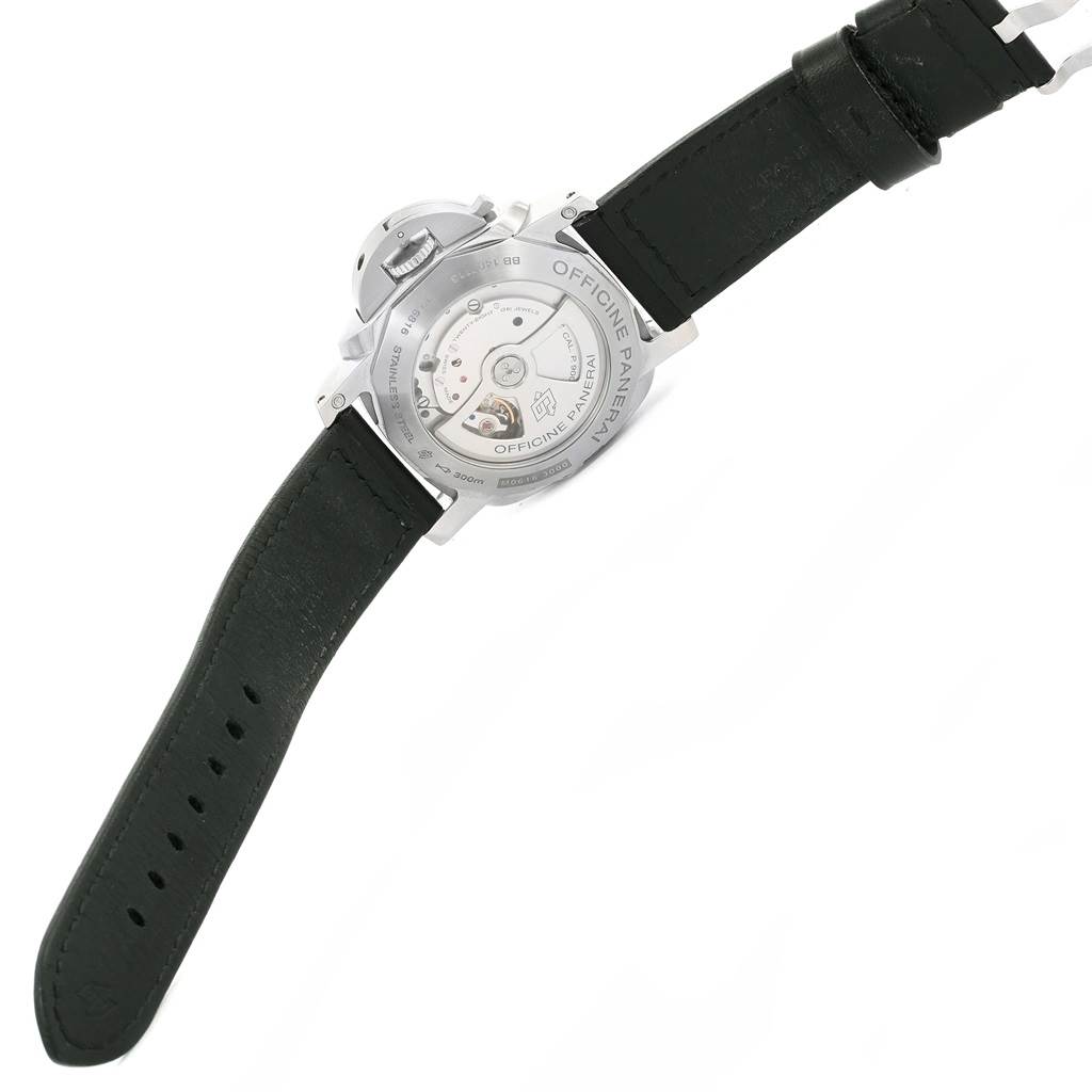 The image shows the back view of a Panerai Luminor PAM00359 Men
s Stainless Steel Black Dial PAM00359 Men
s Stainless Steel Black Dial watch, highlighting the movement and strap.
