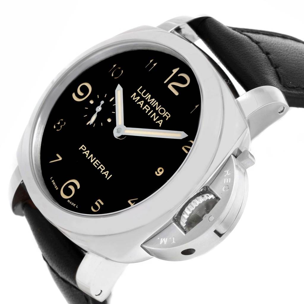 This image shows a close-up angle of the dial and crown guard of a Panerai Luminor PAM00359 Men
s Stainless Steel Black Dial PAM00359 Men
s Stainless Steel Black Dial watch.