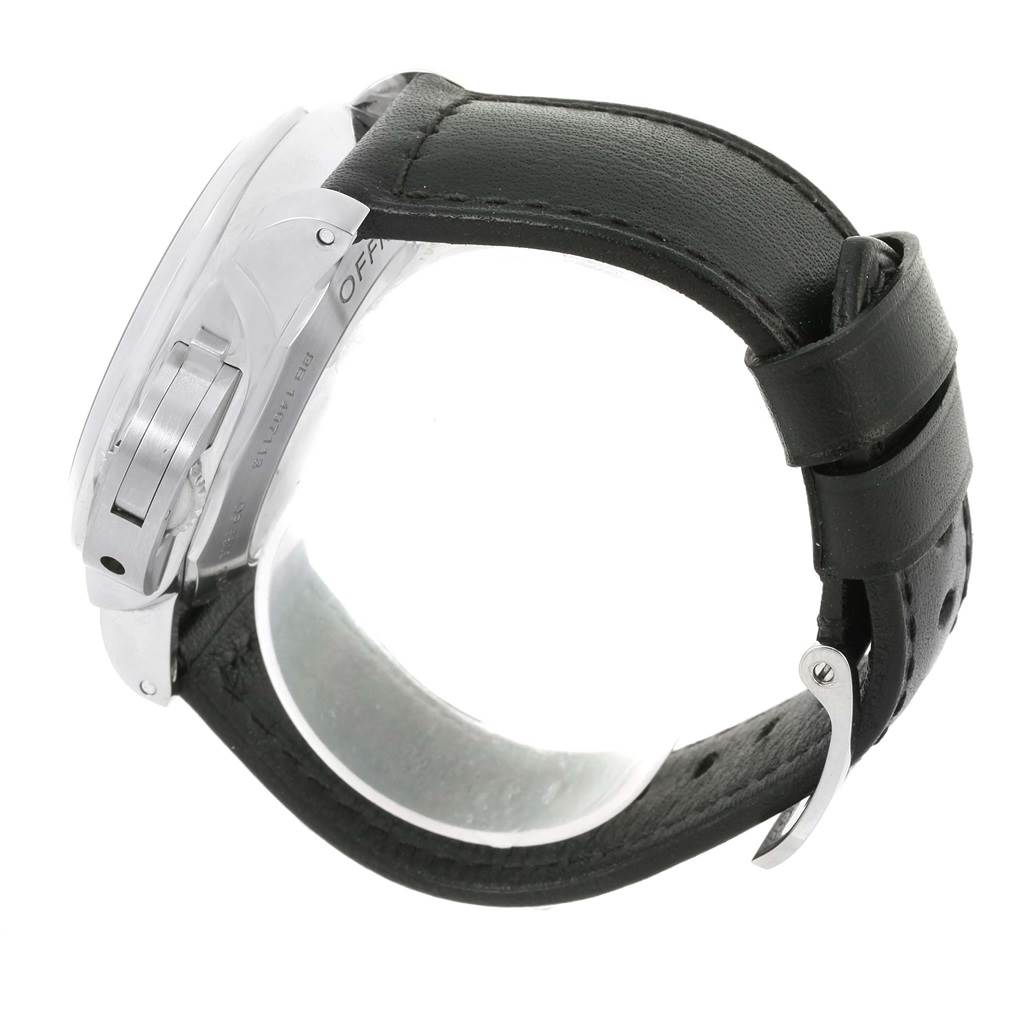The image shows a side view of the Panerai Luminor PAM00359 Men
s Stainless Steel Black Dial PAM00359 Men
s Stainless Steel Black Dial watch, displaying the case, crown, and part of the leather strap.