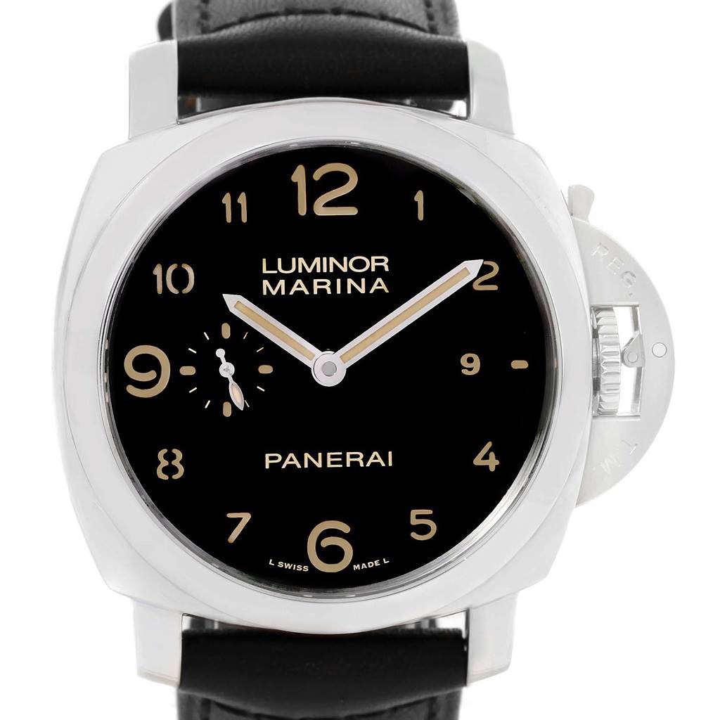 This is a front-facing view of a Panerai Luminor PAM00359 Men
s Stainless Steel Black Dial PAM00359 Men
s Stainless Steel Black Dial Marina watch, showcasing its dial, case, and crown guard.
