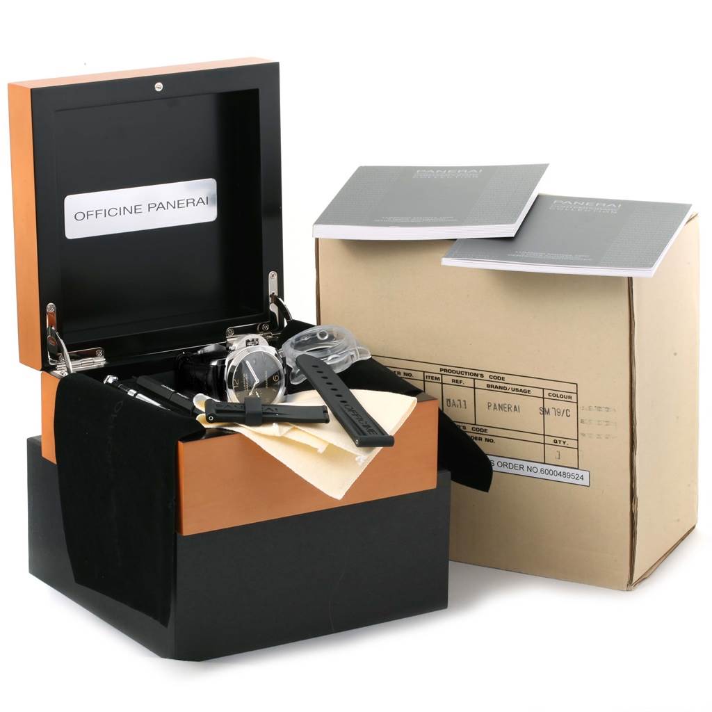 The image shows a Panerai Luminor PAM00359 Men
s Stainless Steel Black Dial PAM00359 Men
s Stainless Steel Black Dial watch with its packaging and accessories, including straps and manuals, from an oblique angle.