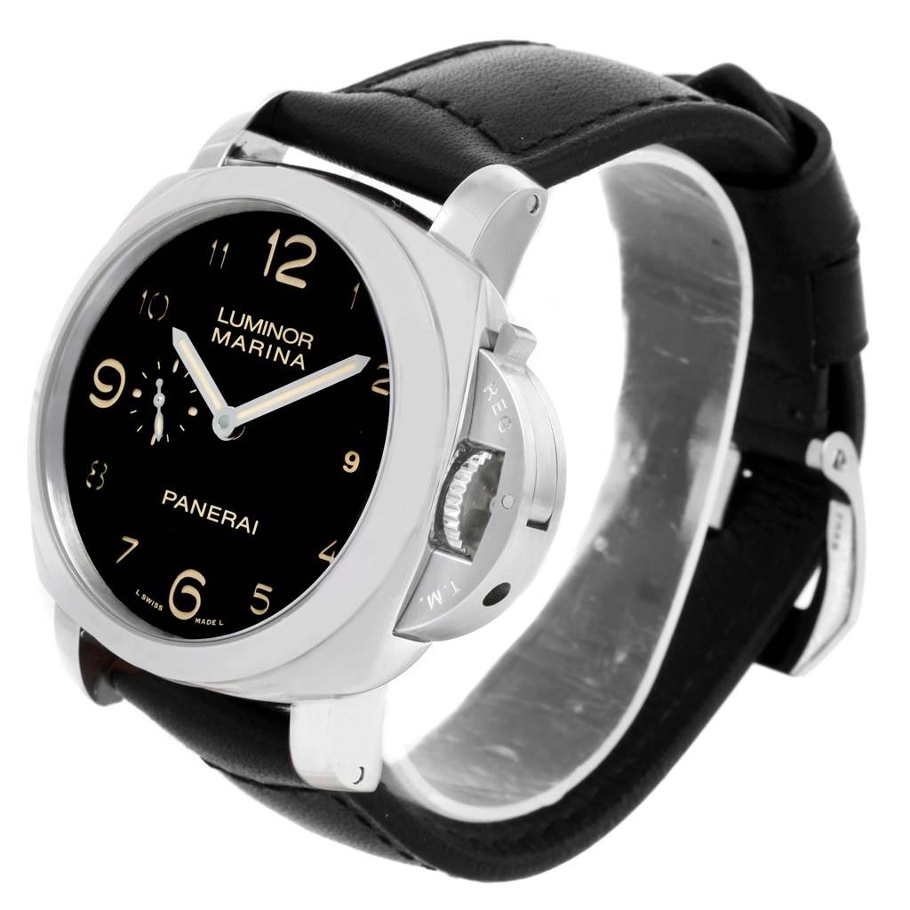 The image shows a side-front angle of a Panerai Luminor PAM00359 Men
s Stainless Steel Black Dial PAM00359 Men
s Stainless Steel Black Dial watch, highlighting the black dial, bezel, crown guard, and leather strap.