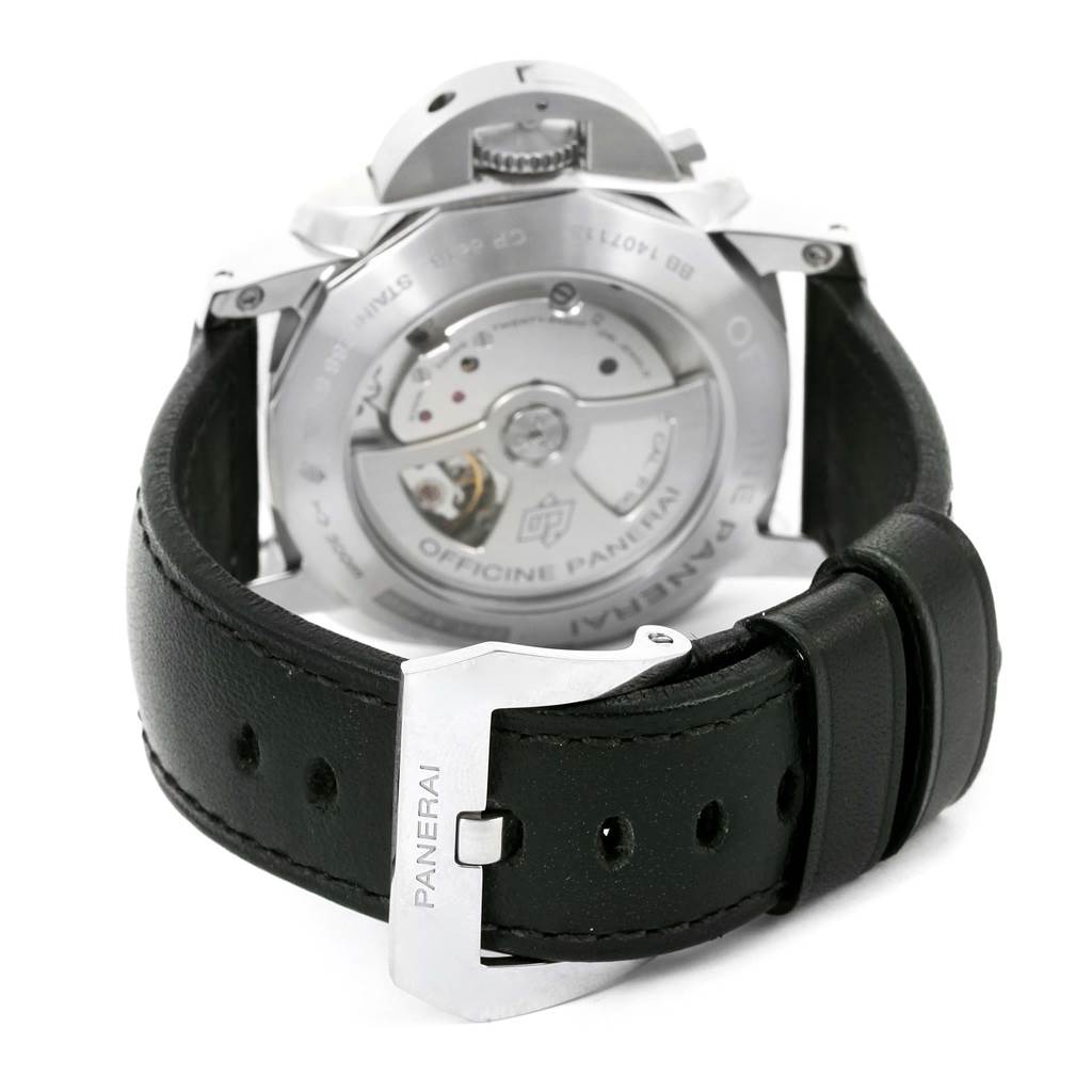 The image shows the back view of a Panerai Luminor PAM00359 Men
s Stainless Steel Black Dial PAM00359 Men
s Stainless Steel Black Dial watch, highlighting the movement and leather strap.