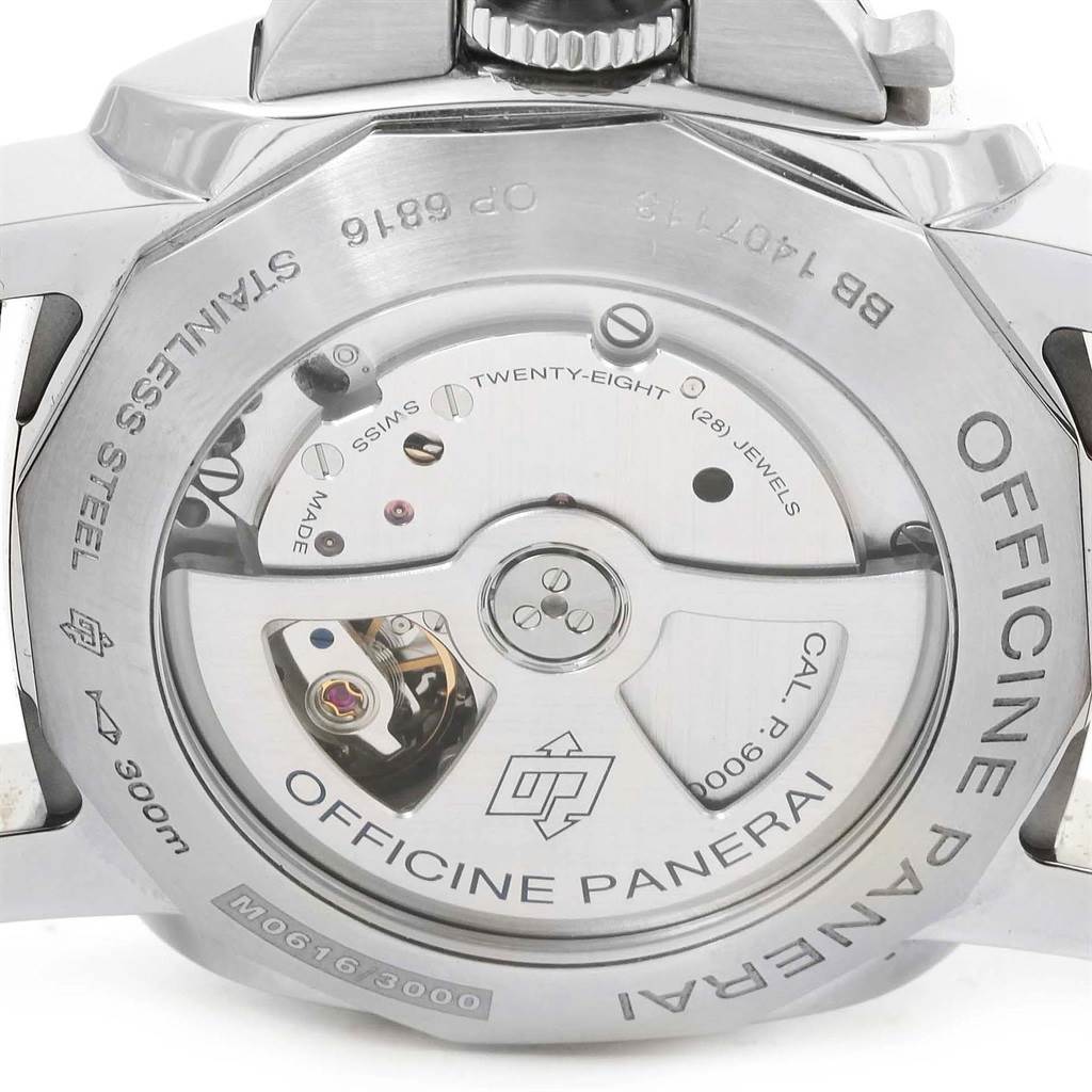 This image shows the back view of a Panerai Luminor PAM00359 Men
s Stainless Steel Black Dial PAM00359 Men
s Stainless Steel Black Dial watch, highlighting its stainless steel case and mechanical movement.