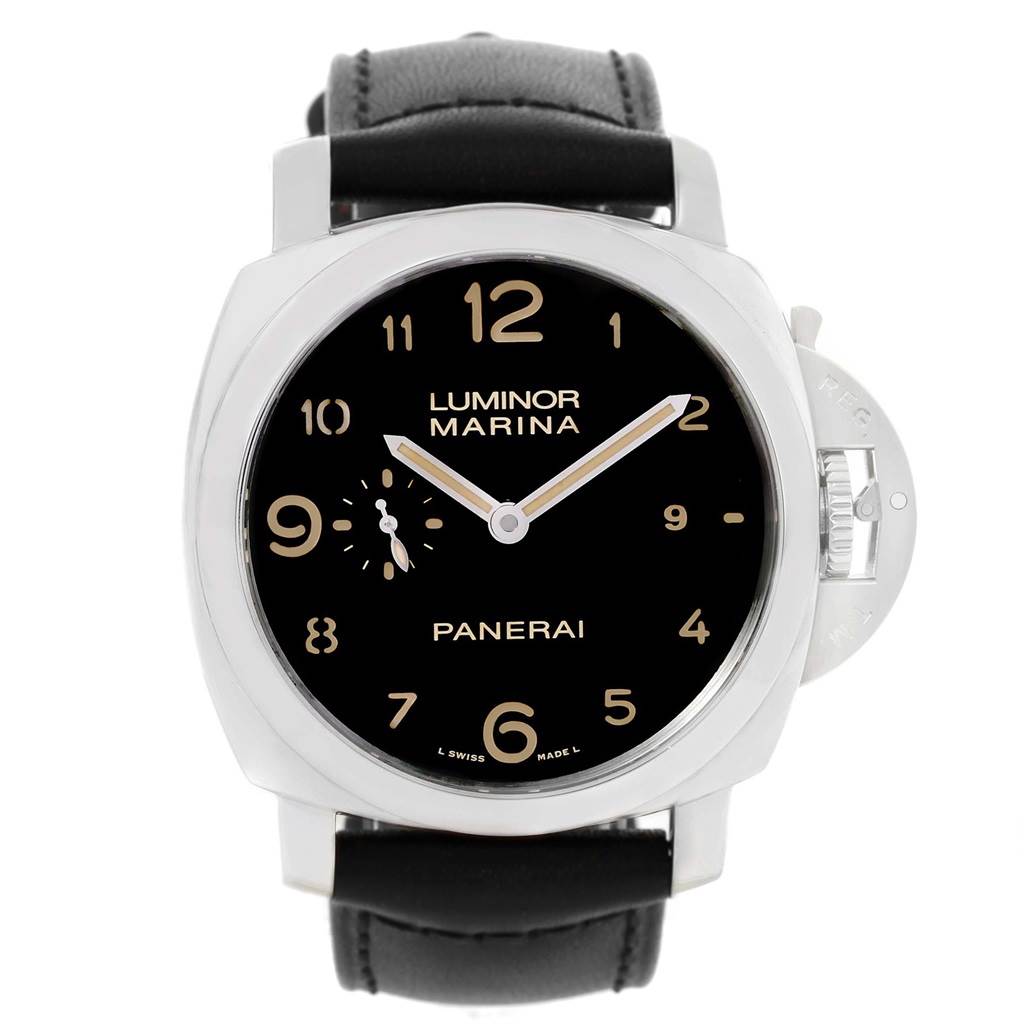 The image shows a front angle view of a Panerai Luminor PAM00359 Men
s Stainless Steel Black Dial PAM00359 Men
s Stainless Steel Black Dial Marina watch, displaying its black dial, numerals, and leather strap.