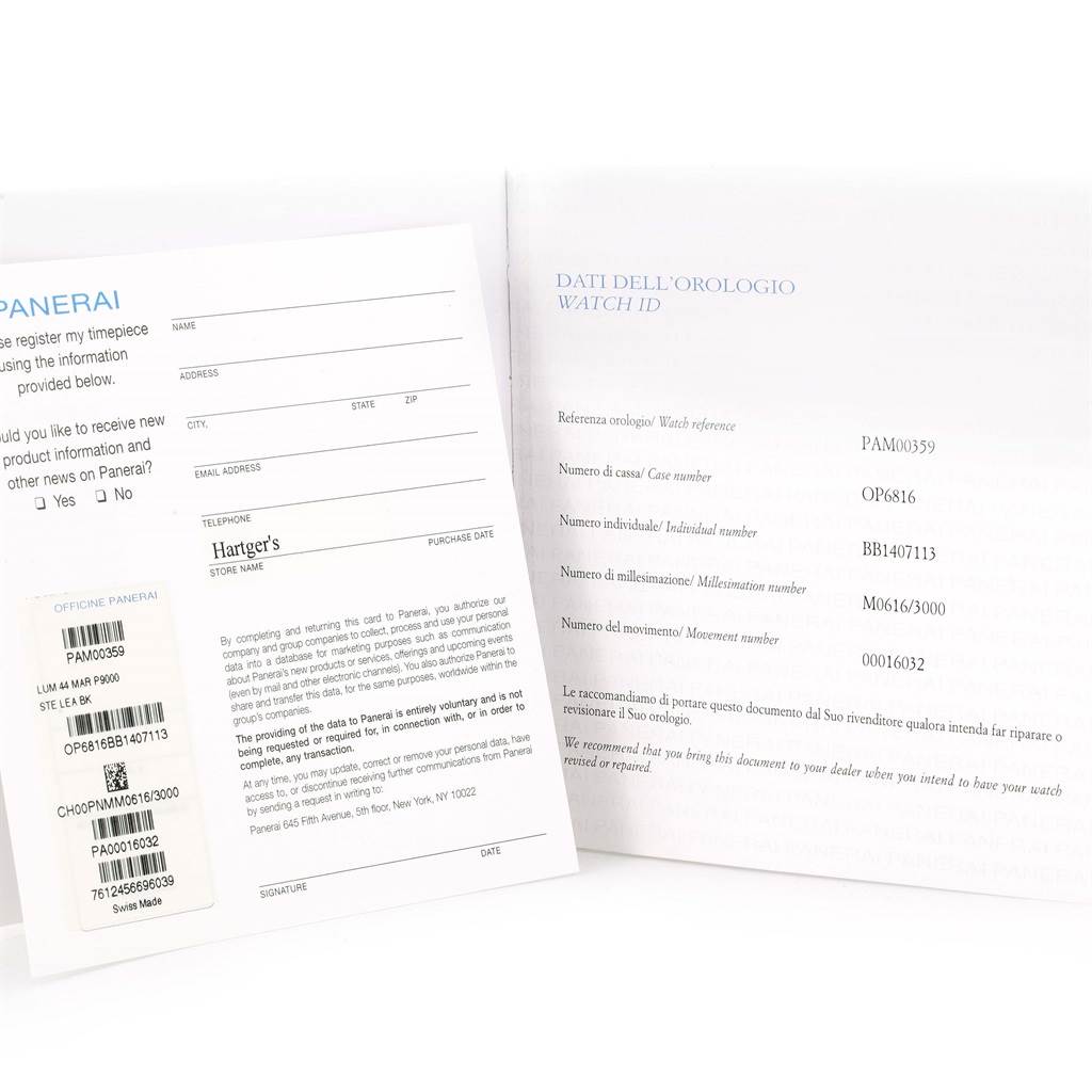 The image shows the registration and identification documents for the Panerai Luminor PAM00359 Men
s Stainless Steel Black Dial PAM00359 Men
s Stainless Steel Black Dial PAM00359 watch.