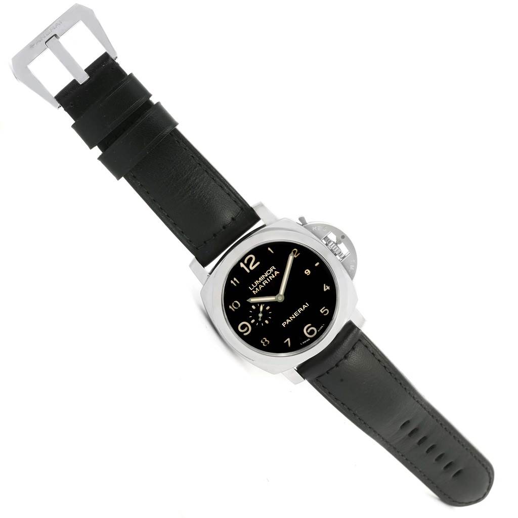The image shows a Panerai Luminor PAM00359 Men
s Stainless Steel Black Dial PAM00359 Men
s Stainless Steel Black Dial watch at a slight angle, displaying its black dial, numerals, and black leather strap.