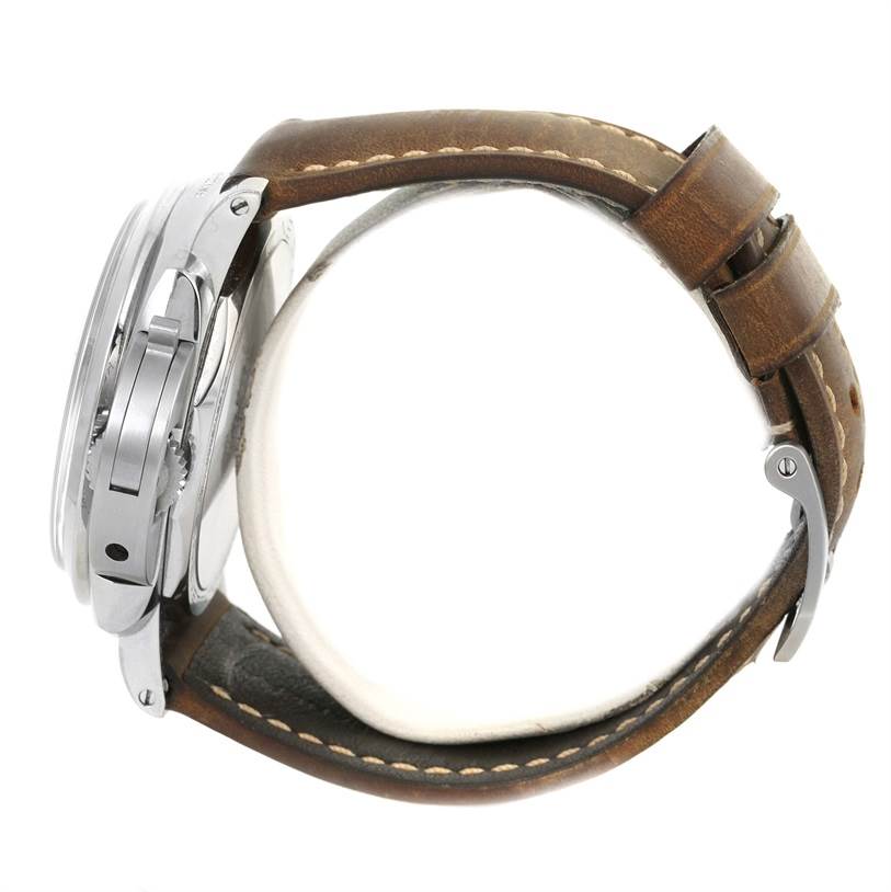 The image shows a Panerai Luminor PAM00423 Men's Stainless Steel Black Dial PAM00423 Men's Stainless Steel Black Dial watch from a side view, highlighting the crown guard and brown leather strap.