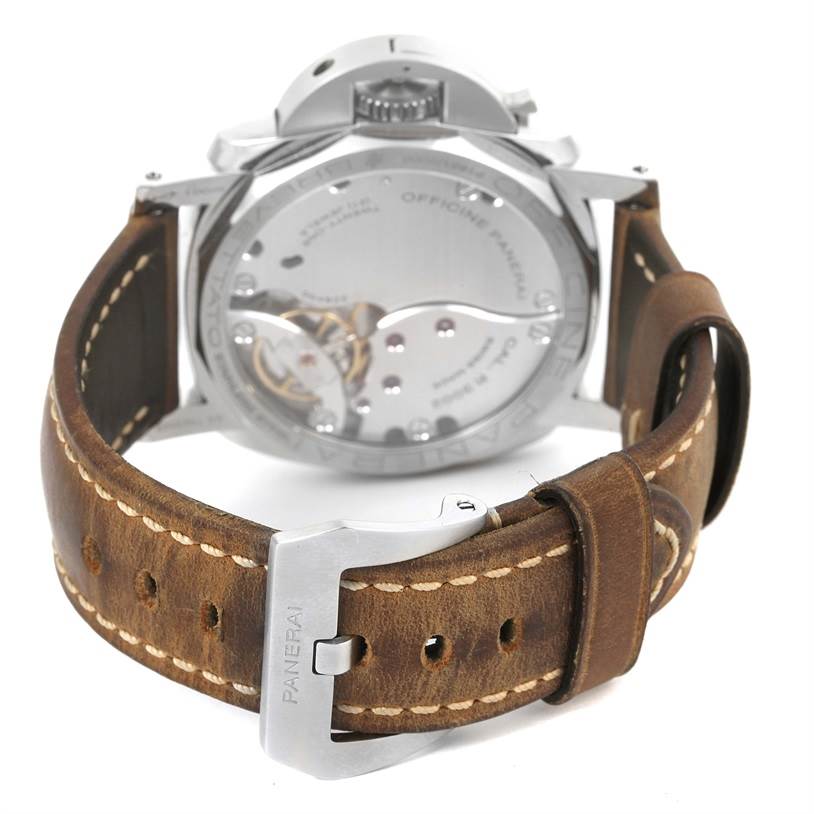 This image shows the back view of a Panerai Luminor PAM00423 Men's Stainless Steel Black Dial PAM00423 Men's Stainless Steel Black Dial watch with its leather strap and buckle visible.