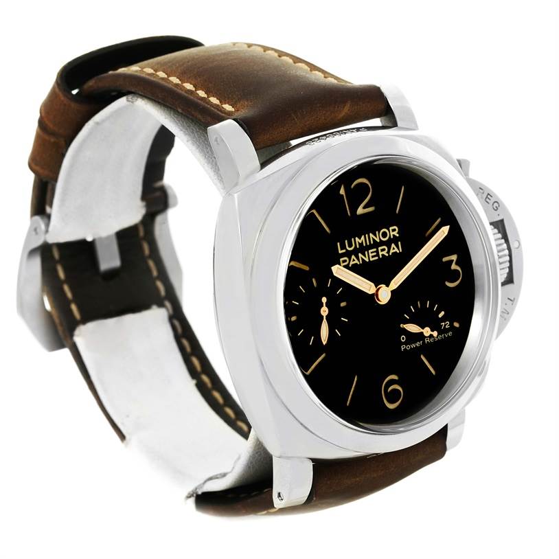 The Panerai Luminor PAM00423 Men's Stainless Steel Black Dial PAM00423 Men's Stainless Steel Black Dial watch is shown at a slight angle, highlighting the face, crown guard, and brown leather strap.