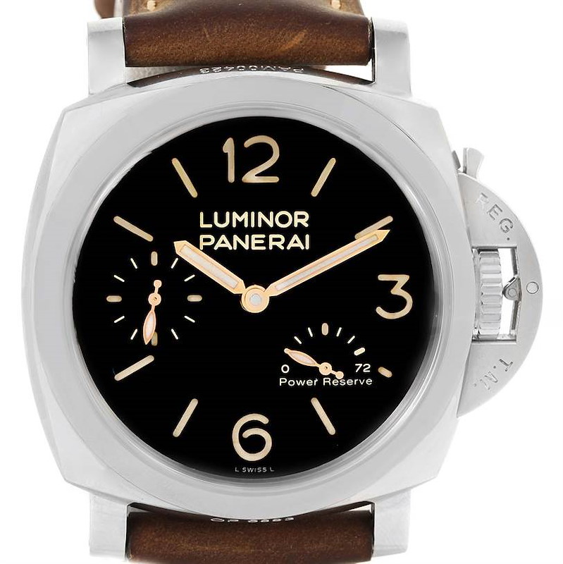 The image shows a front view of the Panerai Luminor watch, displaying the face, case, and leather strap.