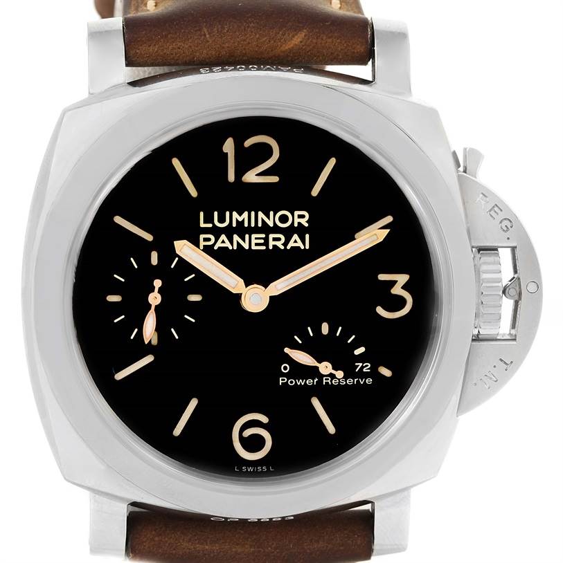 The image shows a front view of the Panerai Luminor PAM00423 Men's Stainless Steel Black Dial PAM00423 Men's Stainless Steel Black Dial watch, displaying the face, case, and leather strap.