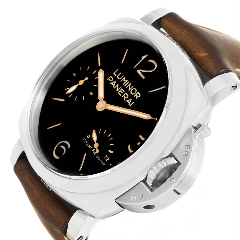 The image shows a close-up view of a Panerai Luminor PAM00423 Men's Stainless Steel Black Dial PAM00423 Men's Stainless Steel Black Dial watch, highlighting its dial, crown guard, and brown leather strap.