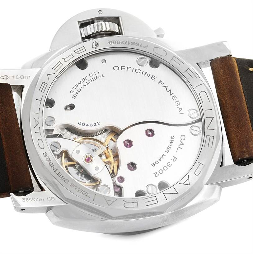 This image shows the back view of the Panerai Luminor PAM00423 Men's Stainless Steel Black Dial PAM00423 Men's Stainless Steel Black Dial watch, highlighting the movement and mechanics.