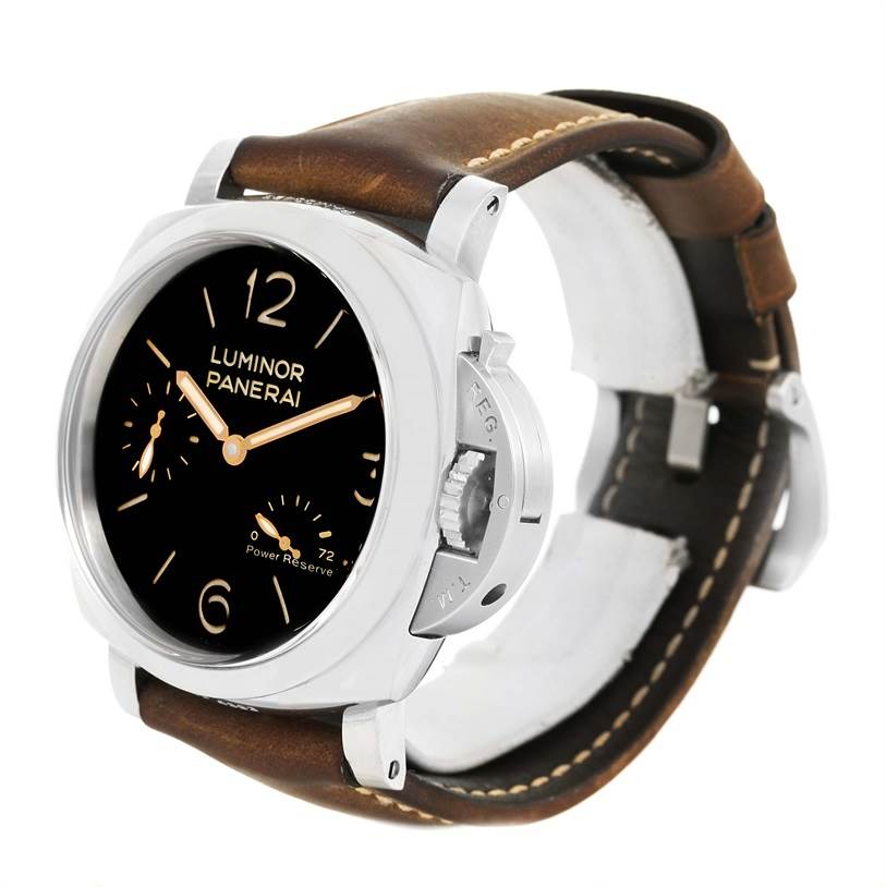 This image shows a Panerai Luminor PAM00423 Men's Stainless Steel Black Dial PAM00423 Men's Stainless Steel Black Dial watch at a front angle with a brown leather strap and visible power reserve indicator.