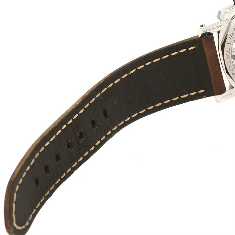 This image shows the back view of a Panerai Luminor PAM00423 Men's Stainless Steel Black Dial PAM00423 Men's Stainless Steel Black Dial watch focusing on the leather strap and part of the watch case.