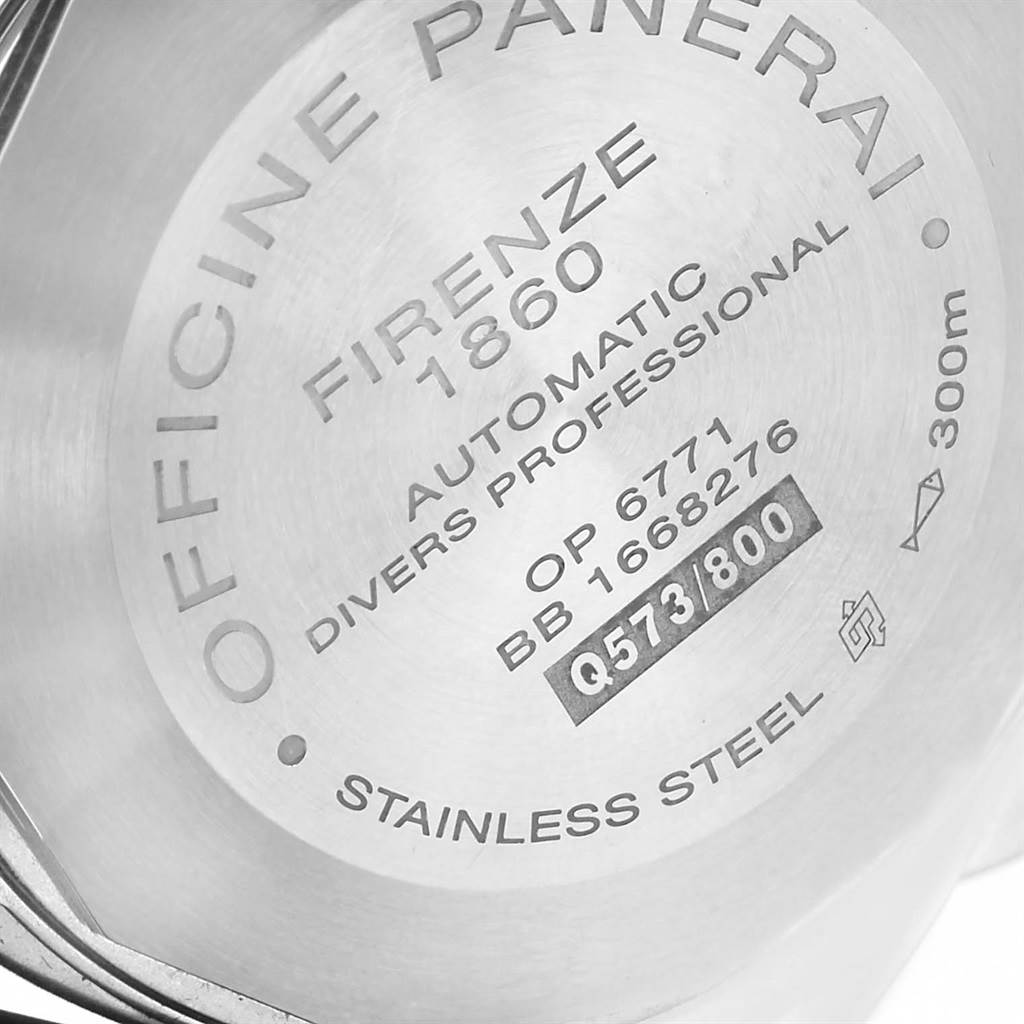 The image shows the back casing of a Panerai Submersible PAM00024 Men's Stainless Steel Black Dial PAM00024 Men's Stainless Steel Black Dial watch, highlighting engravings and specifications.