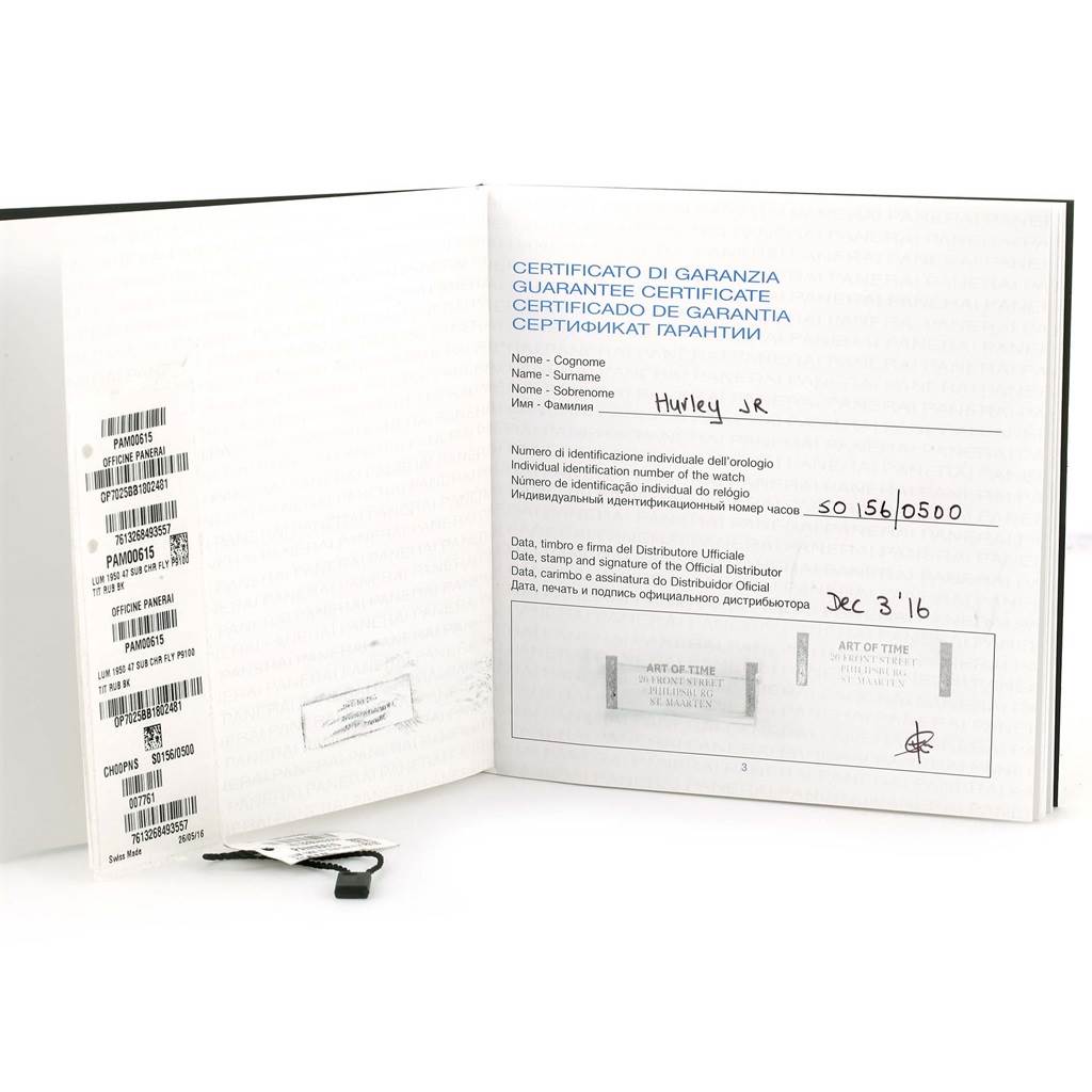 This image shows the open guarantee certificate booklet for the Panerai Submersible PAM00615 Men's Titanium Black Dial PAM00615 Men's Titanium Black Dial model watch, displaying warranty details and stickers.