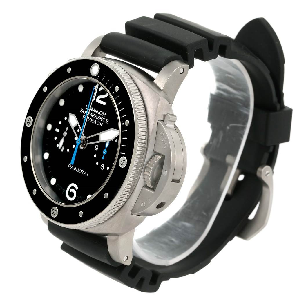 The image shows a Panerai Submersible PAM00615 Men's Titanium Black Dial PAM00615 Men's Titanium Black Dial watch at a slight angle, highlighting its bezel, dial, case, and rubber strap.