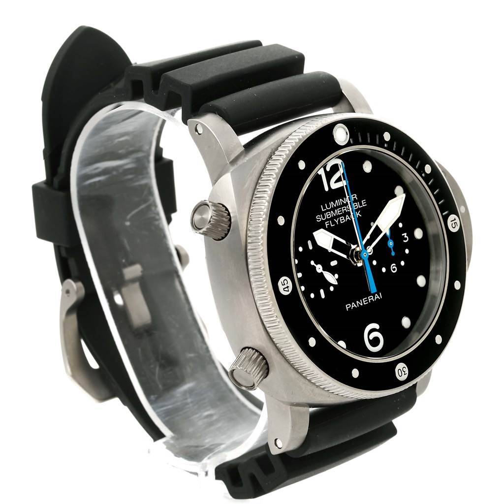 The Panerai Submersible PAM00615 Men's Titanium Black Dial PAM00615 Men's Titanium Black Dial model is shown at a three-quarter angle, displaying the bezel, face, markers, and rubber strap.