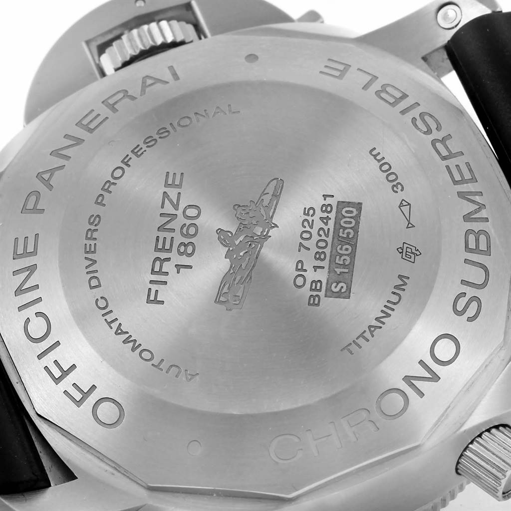 The image shows the back casing of a Panerai Submersible PAM00615 Men's Titanium Black Dial PAM00615 Men's Titanium Black Dial watch, displaying engravings and part of the crown guard.