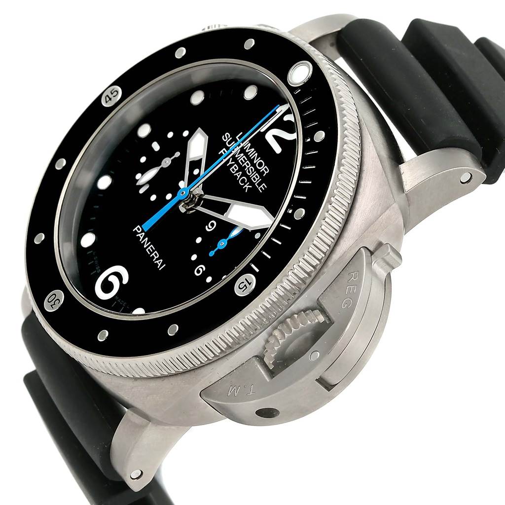 The image shows a close-up, angled view of the Panerai Submersible PAM00615 Men's Titanium Black Dial PAM00615 Men's Titanium Black Dial watch, highlighting its dial, bezel, and crown.