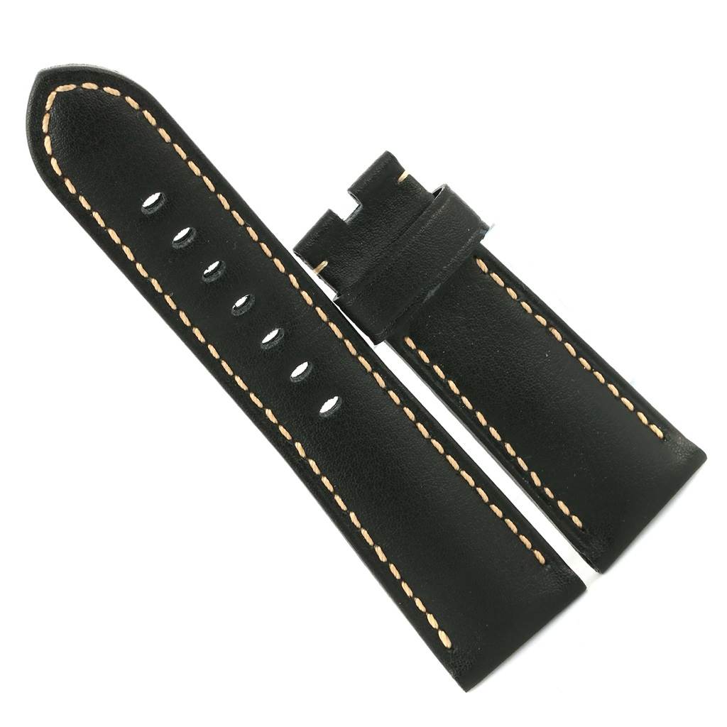 This image shows two black leather watch bands with tan stitching for a Panerai Submersible PAM00615 Men's Titanium Black Dial PAM00615 Men's Titanium Black Dial.