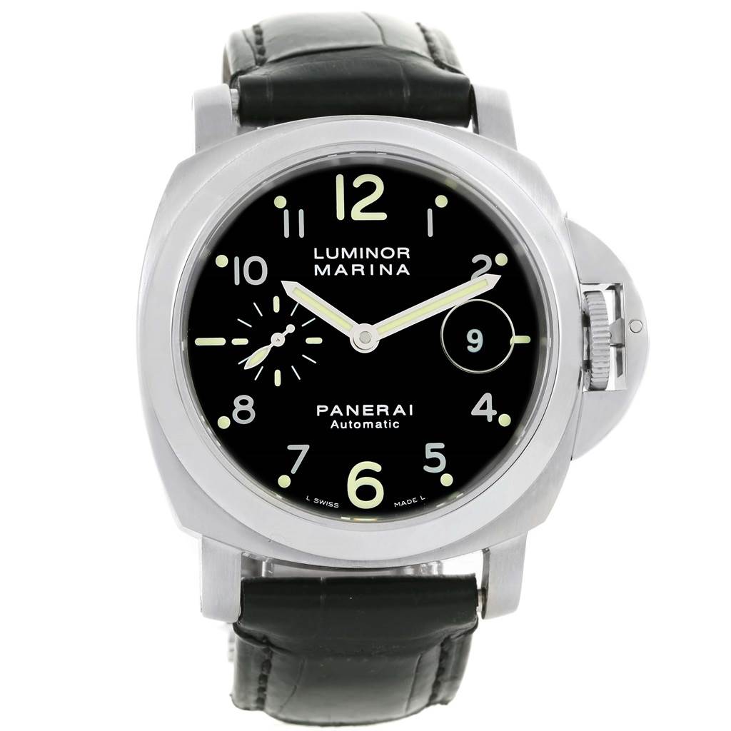 This image shows the front view of a Panerai Luminor PAM00164 Men's Stainless Steel Black Dial PAM00164 Men's Stainless Steel Black Dial watch, displaying its dial, hands, and part of the strap.