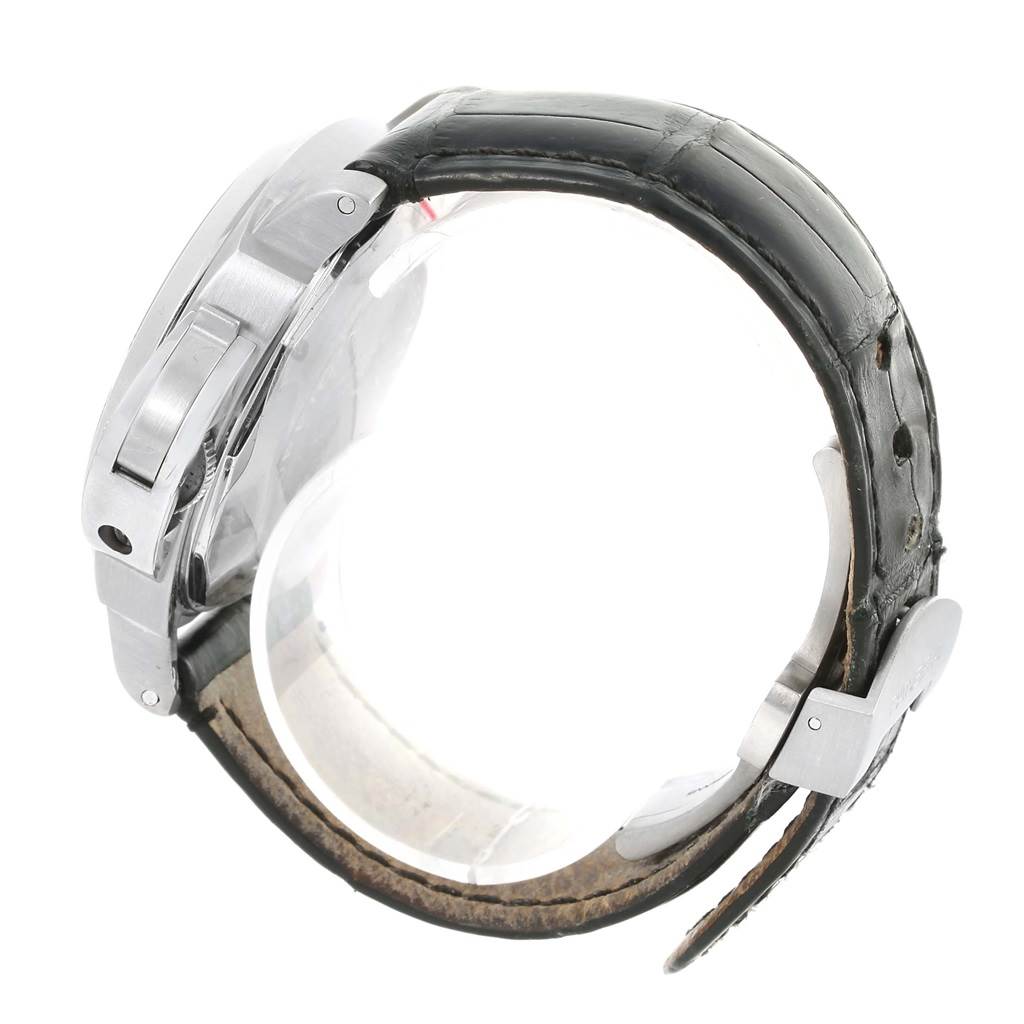 The image shows a side view of a Panerai Luminor PAM00164 Men's Stainless Steel Black Dial PAM00164 Men's Stainless Steel Black Dial watch, highlighting its case, crown guard, and black leather strap.