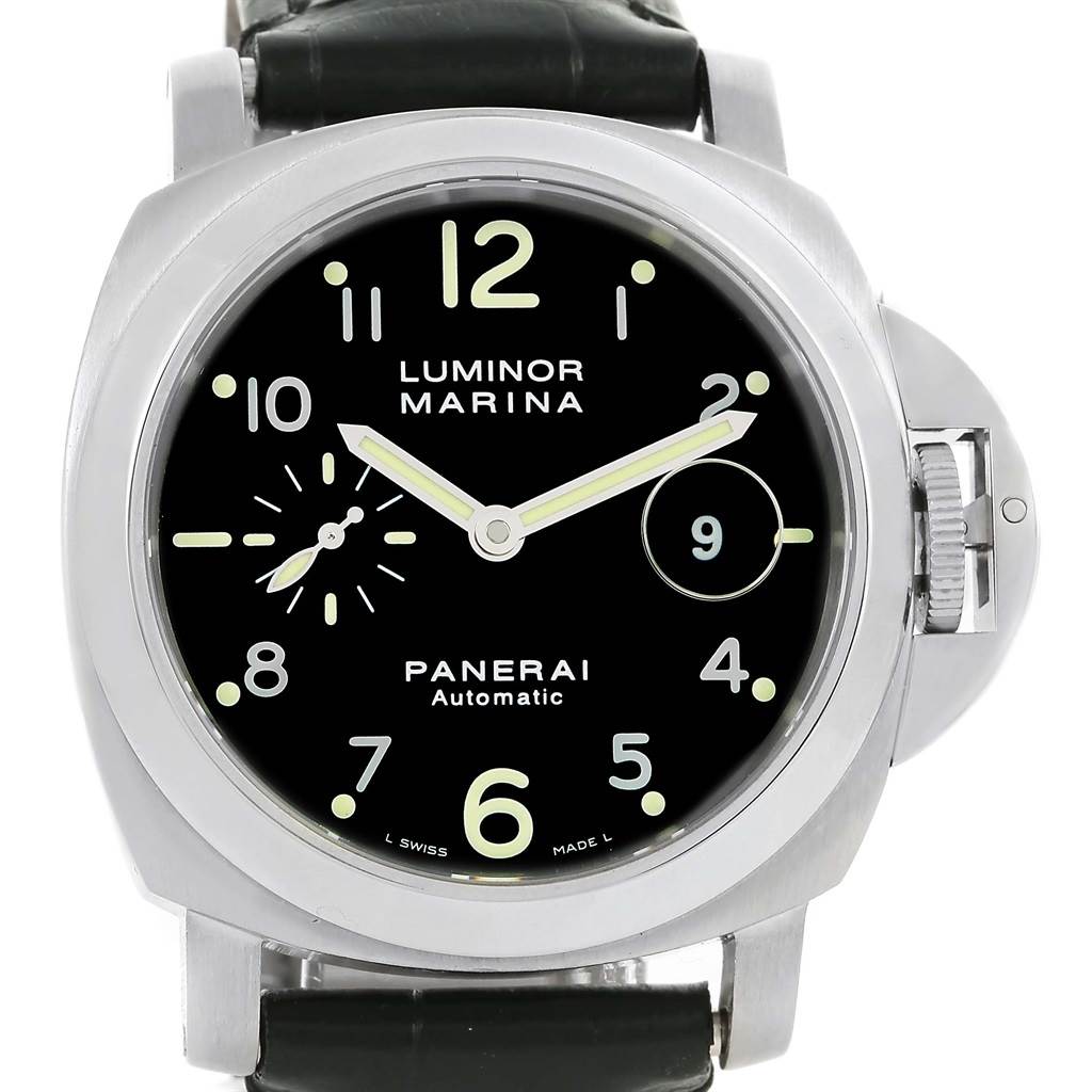 The image shows a frontal view of a Panerai Luminor PAM00164 Men's Stainless Steel Black Dial PAM00164 Men's Stainless Steel Black Dial Marina watch with a black dial and a leather strap.