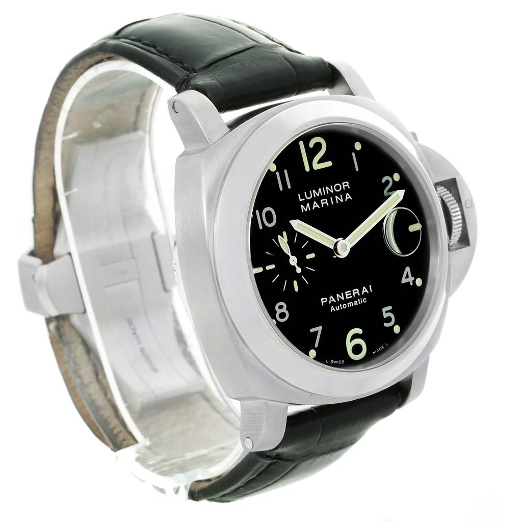 The image shows a Panerai Luminor PAM00164 Men's Stainless Steel Black Dial PAM00164 Men's Stainless Steel Black Dial model watch from a front angle, highlighting the dial, case, and strap.