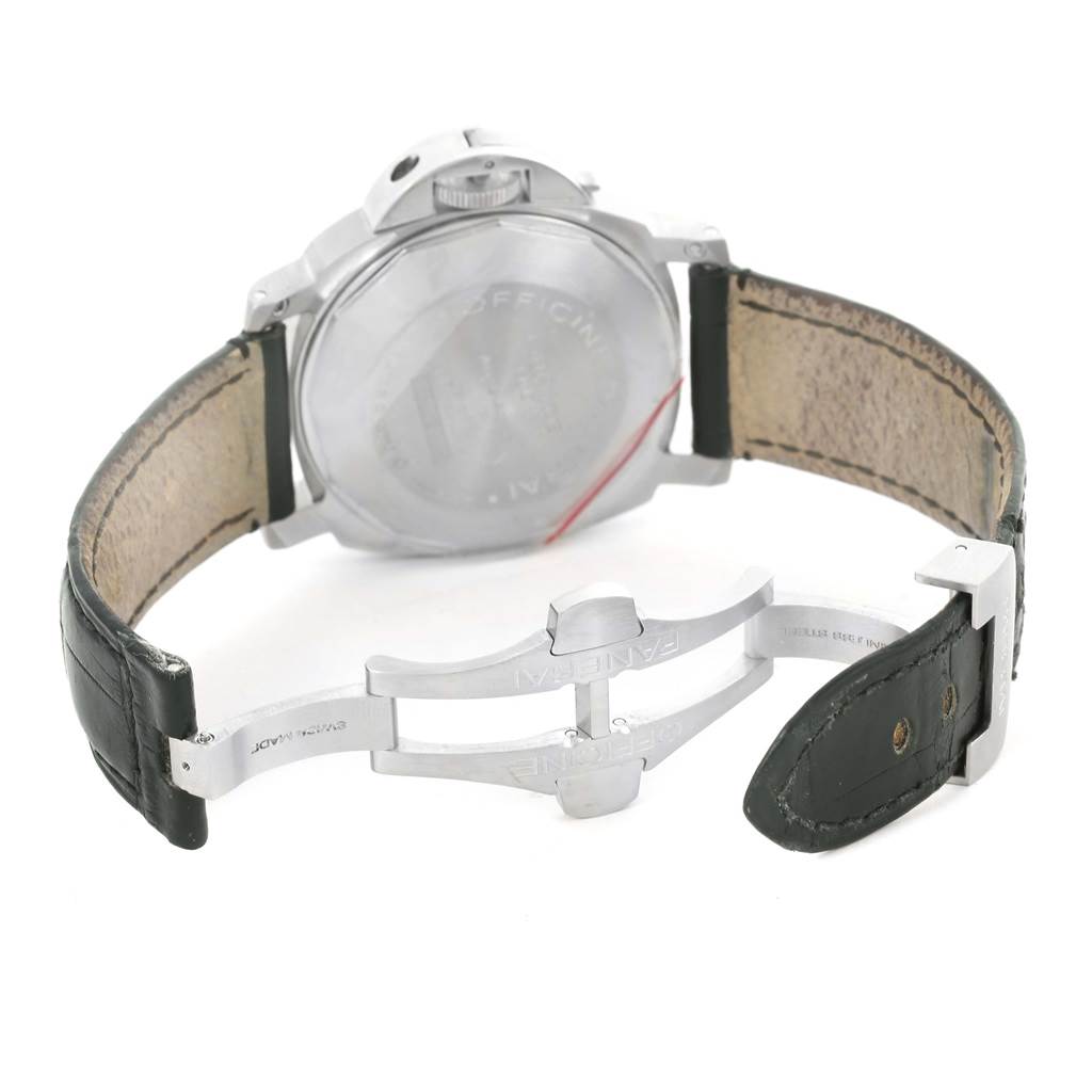 The image shows the back of a Panerai Luminor PAM00164 Men's Stainless Steel Black Dial PAM00164 Men's Stainless Steel Black Dial watch with an open black leather strap and visible clasp.