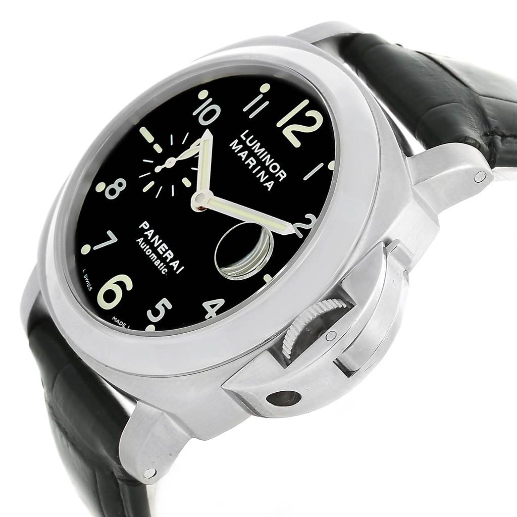 The image shows a side angle of the Panerai Luminor PAM00164 Men's Stainless Steel Black Dial PAM00164 Men's Stainless Steel Black Dial watch, highlighting the dial, crown guard, and leather strap.