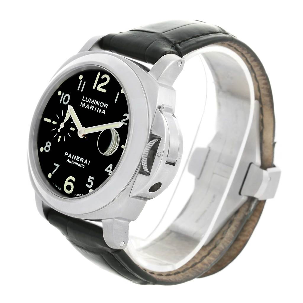 The image shows a Panerai Luminor PAM00164 Men's Stainless Steel Black Dial PAM00164 Men's Stainless Steel Black Dial Marina watch at a slight angle, displaying the dial, case, crown guard, and leather strap.
