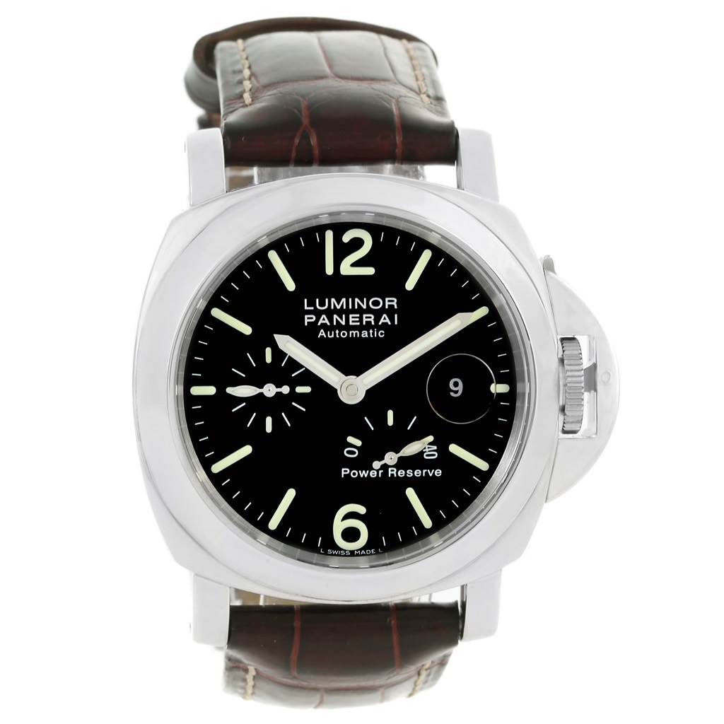 This image shows a front view of the Panerai Luminor PAM00090 Men's Stainless Steel Black Dial PAM00090 Men's Stainless Steel Black Dial model watch with a black dial and brown leather strap.
